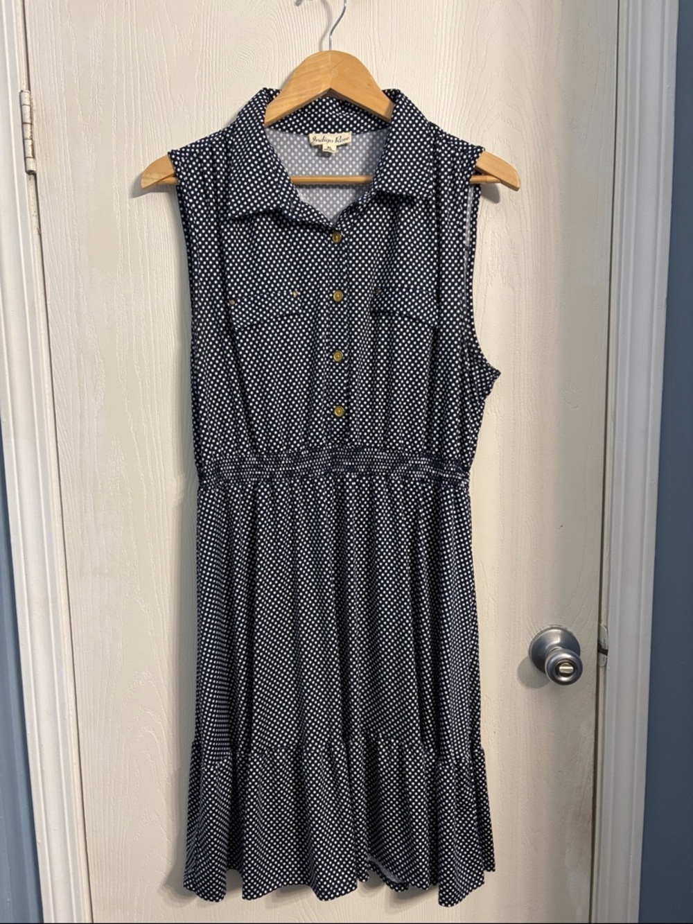 Sleeveless Navy Polka Dot Button-Front Mini Dress